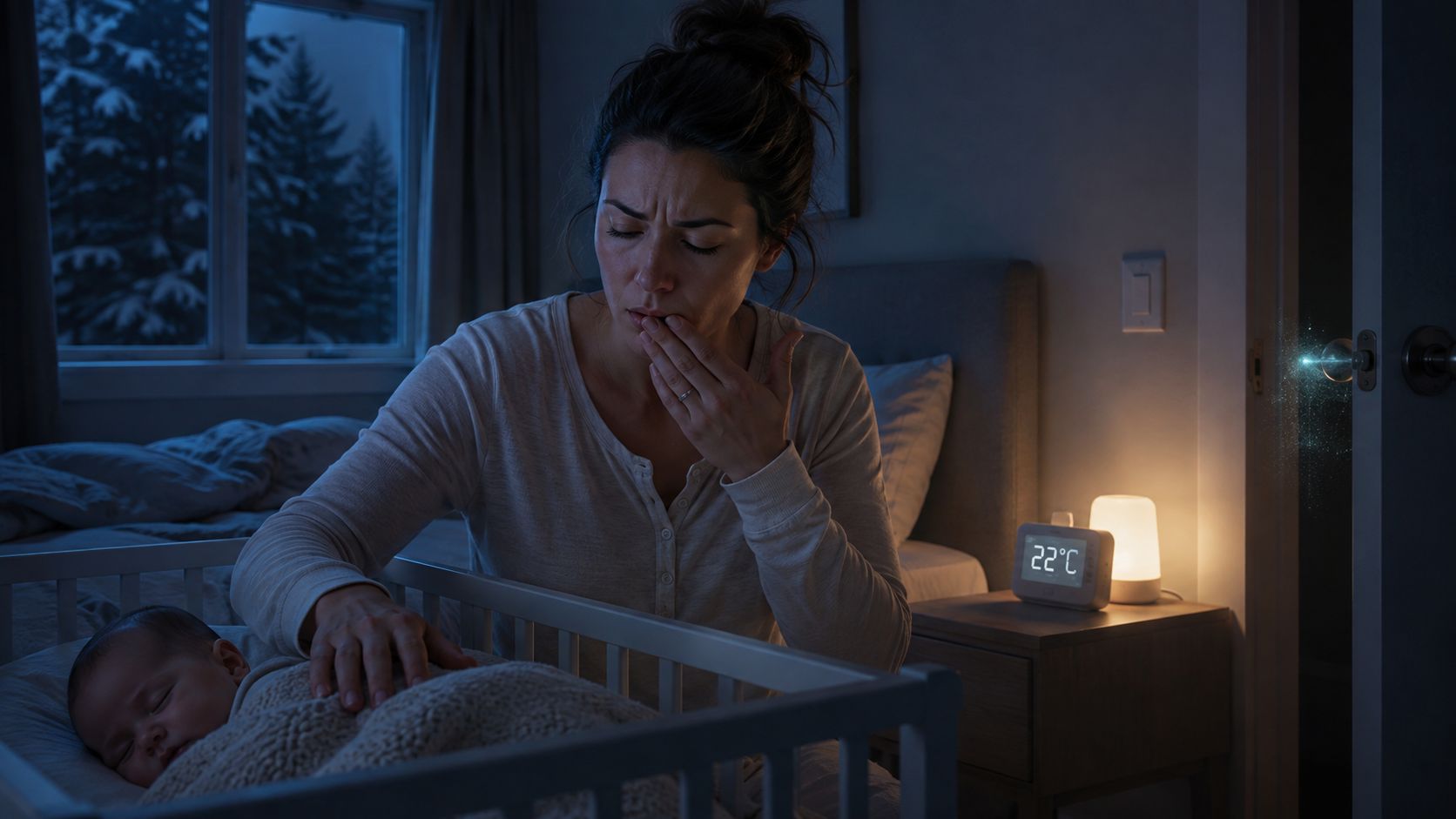 A tired mother checks on her sleeping baby in a crib during the late night hours.