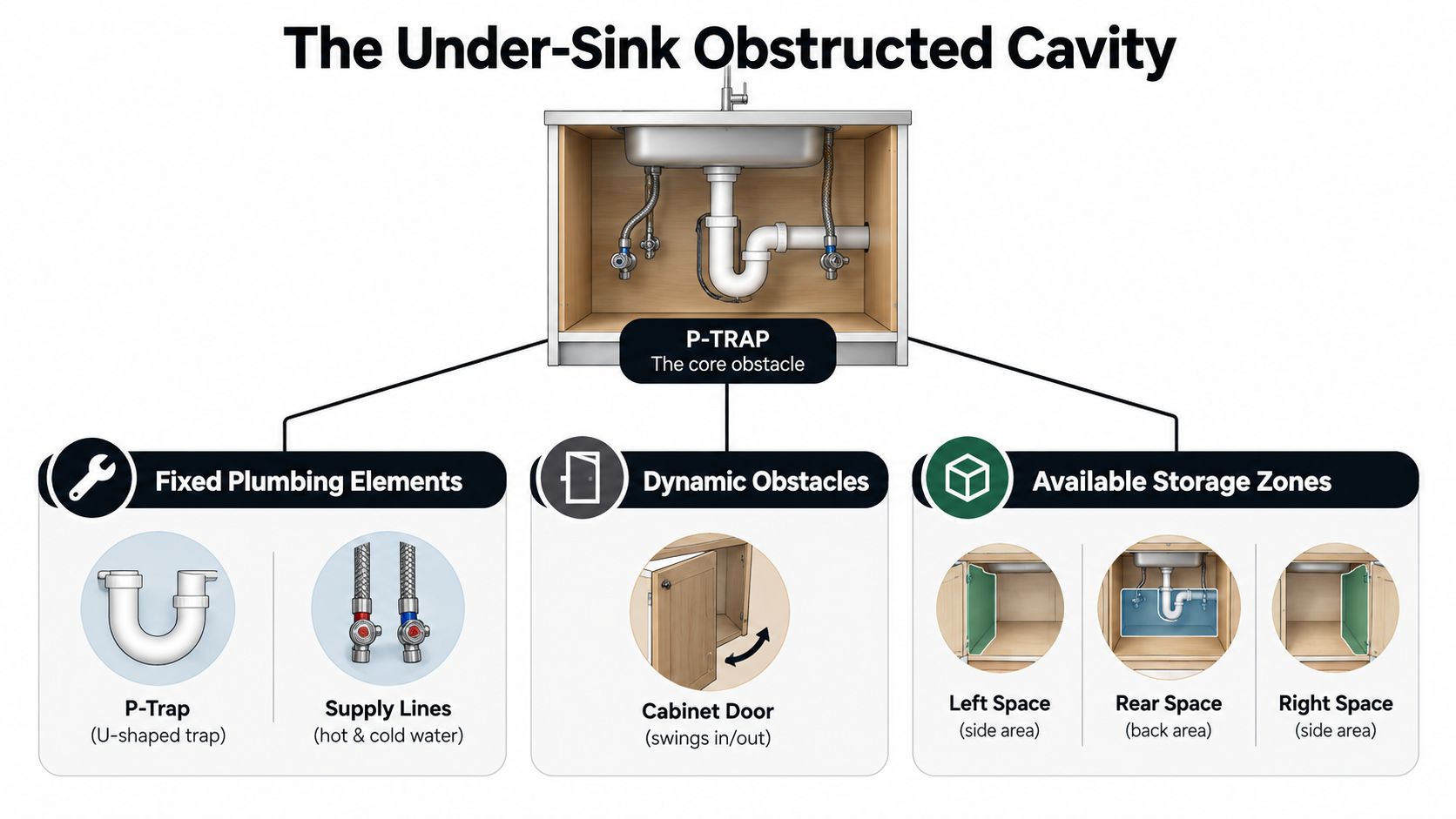 A diagram illustrating plumbing obstacles under a kitchen sink and identifying potential storage zones within cabinets.