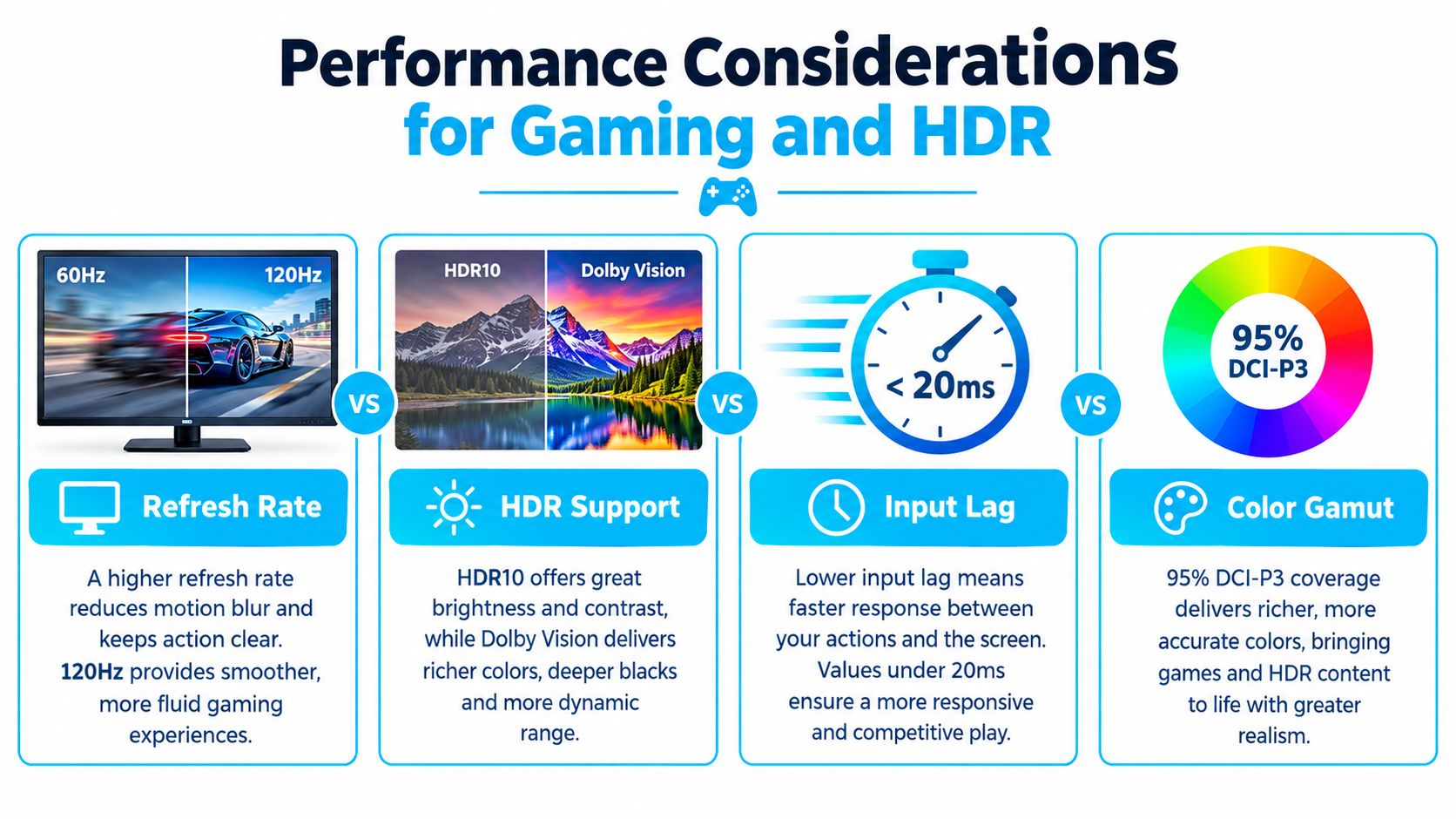 An infographic detailing gaming and HDR performance considerations like refresh rates, input lag, and color gamut.