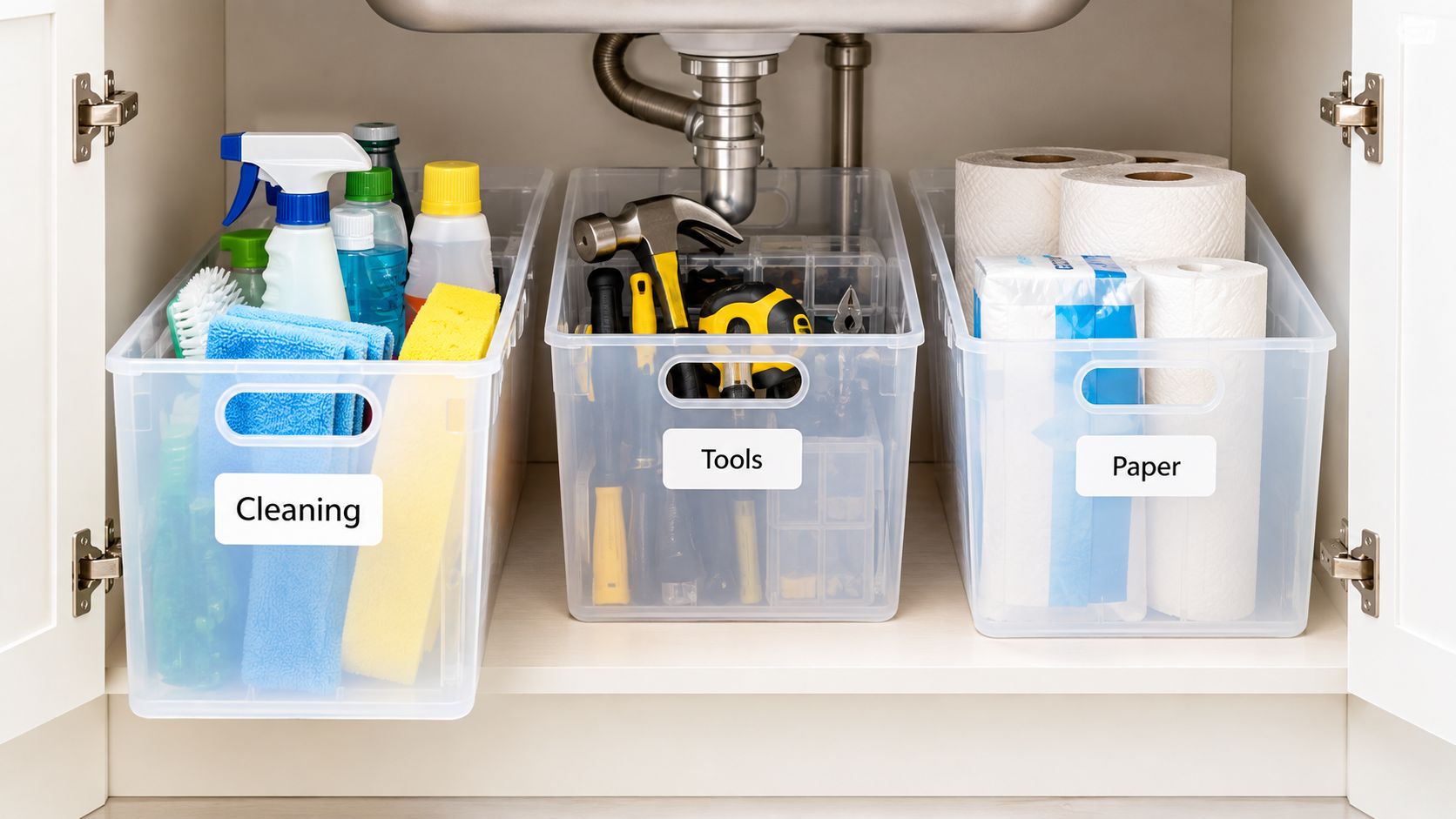 Three clear plastic storage bins organized with labels under a kitchen sink containing cleaning supplies, tools, and paper towels.