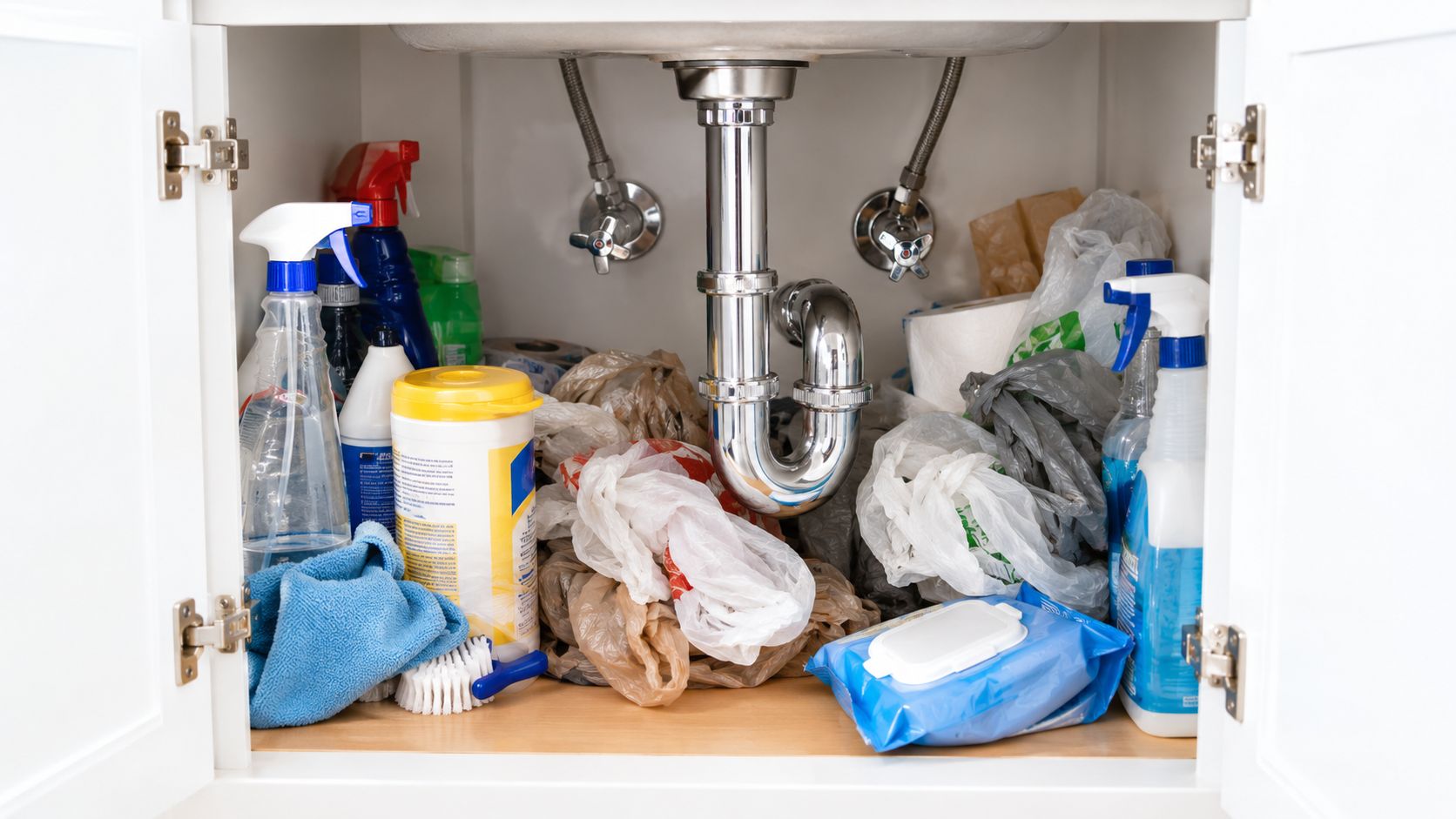 A cluttered kitchen cabinet under the sink filled with cleaning supplies and plastic bags.