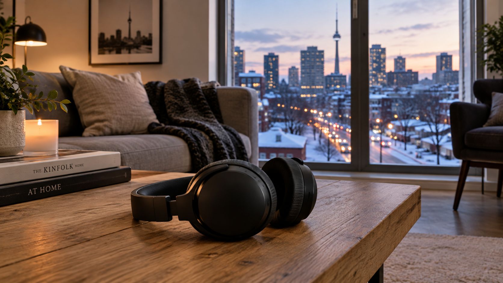 A pair of sleek black closed back headphones resting on a wooden coffee table in a modern apartment.