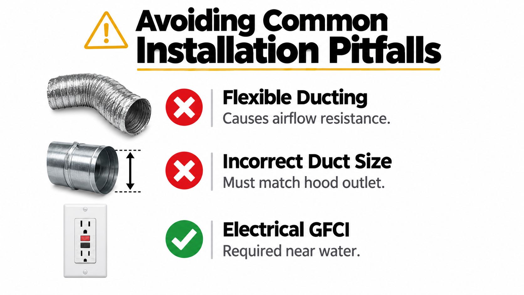 An infographic showing common installation pitfalls including flexible ducting, incorrect duct sizing, and electrical GFCI requirements.