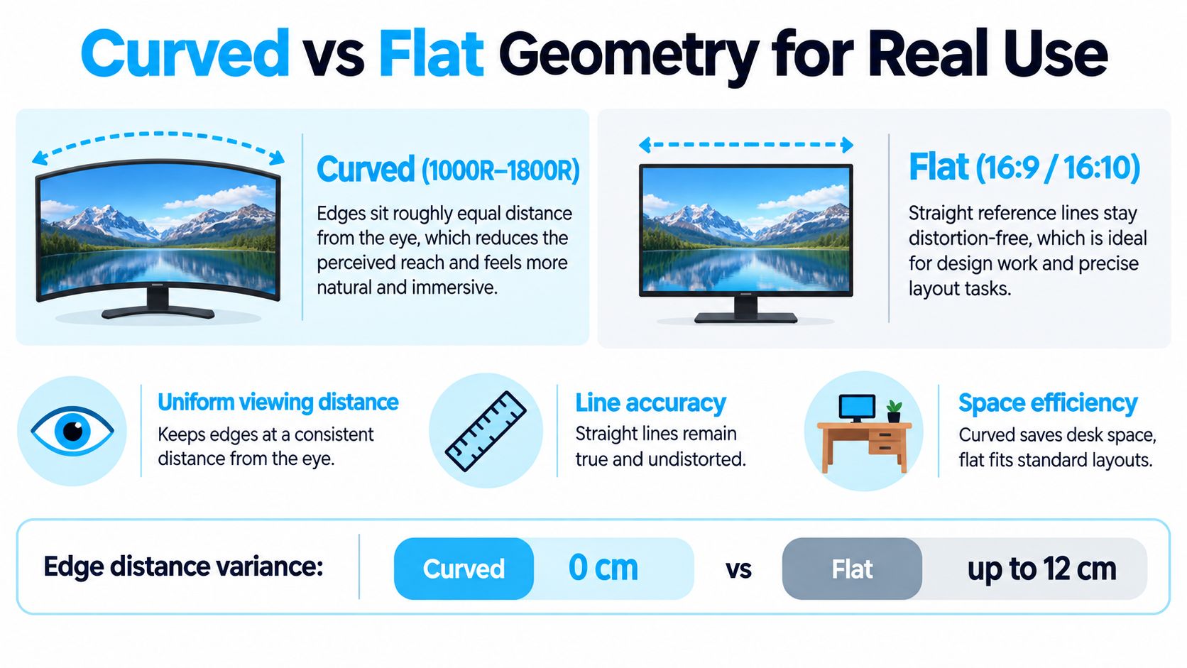 A comparison infographic between curved and flat monitor displays highlighting their different ergonomic benefits and uses.