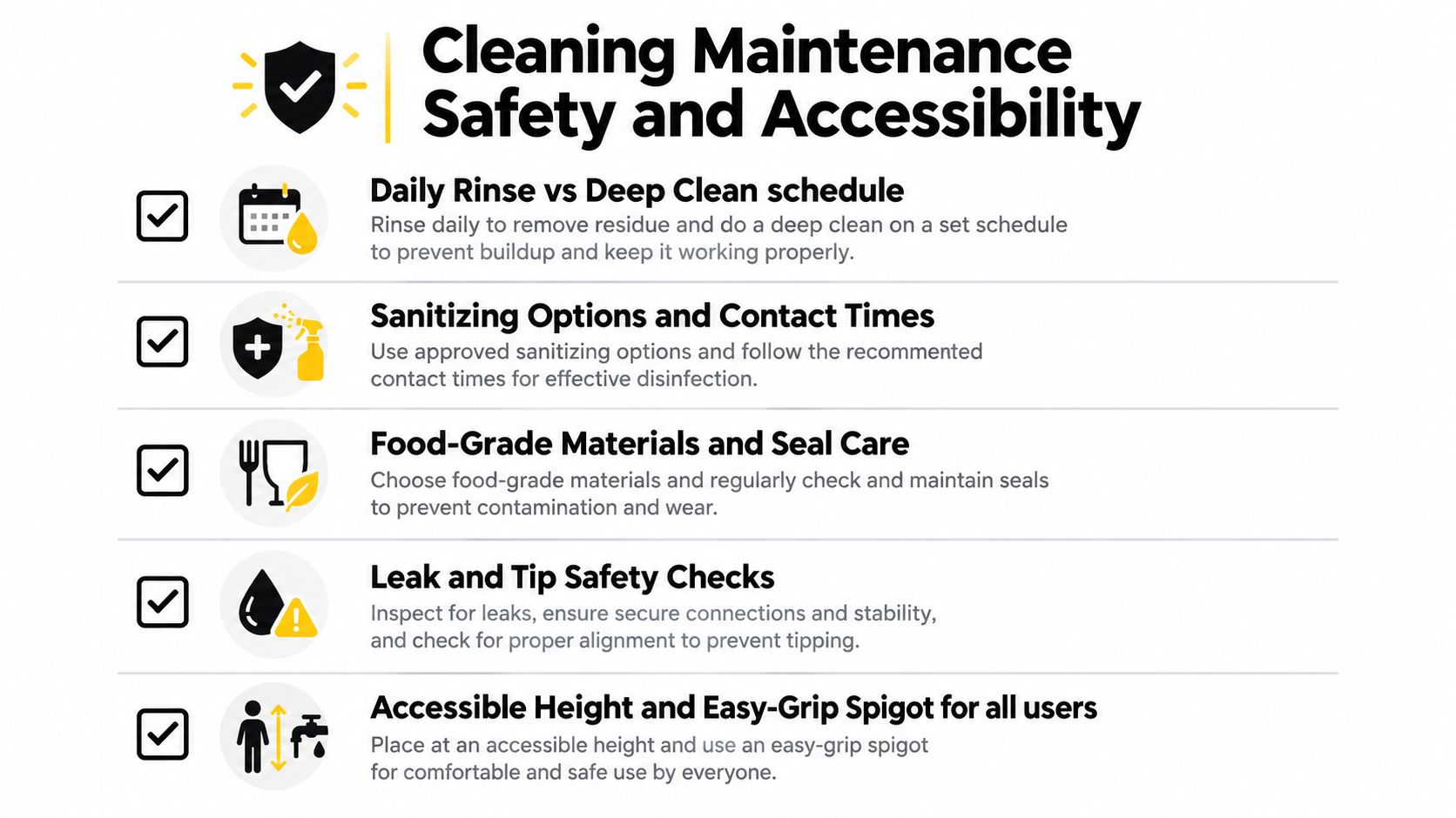 An infographic titled Cleaning Maintenance Safety and Accessibility with five tips for maintaining food dispensers.