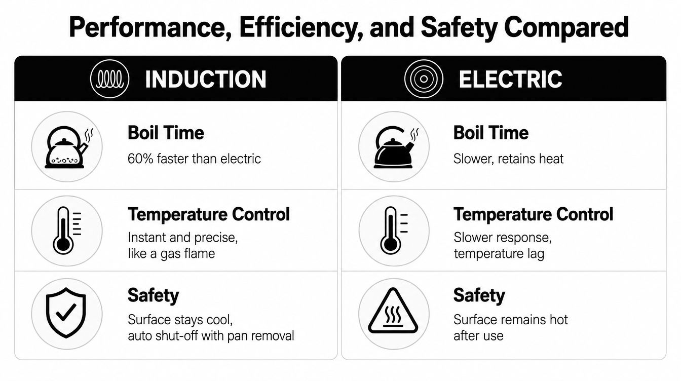 A comparison chart showing the performance, efficiency, and safety differences between induction and electric stoves.