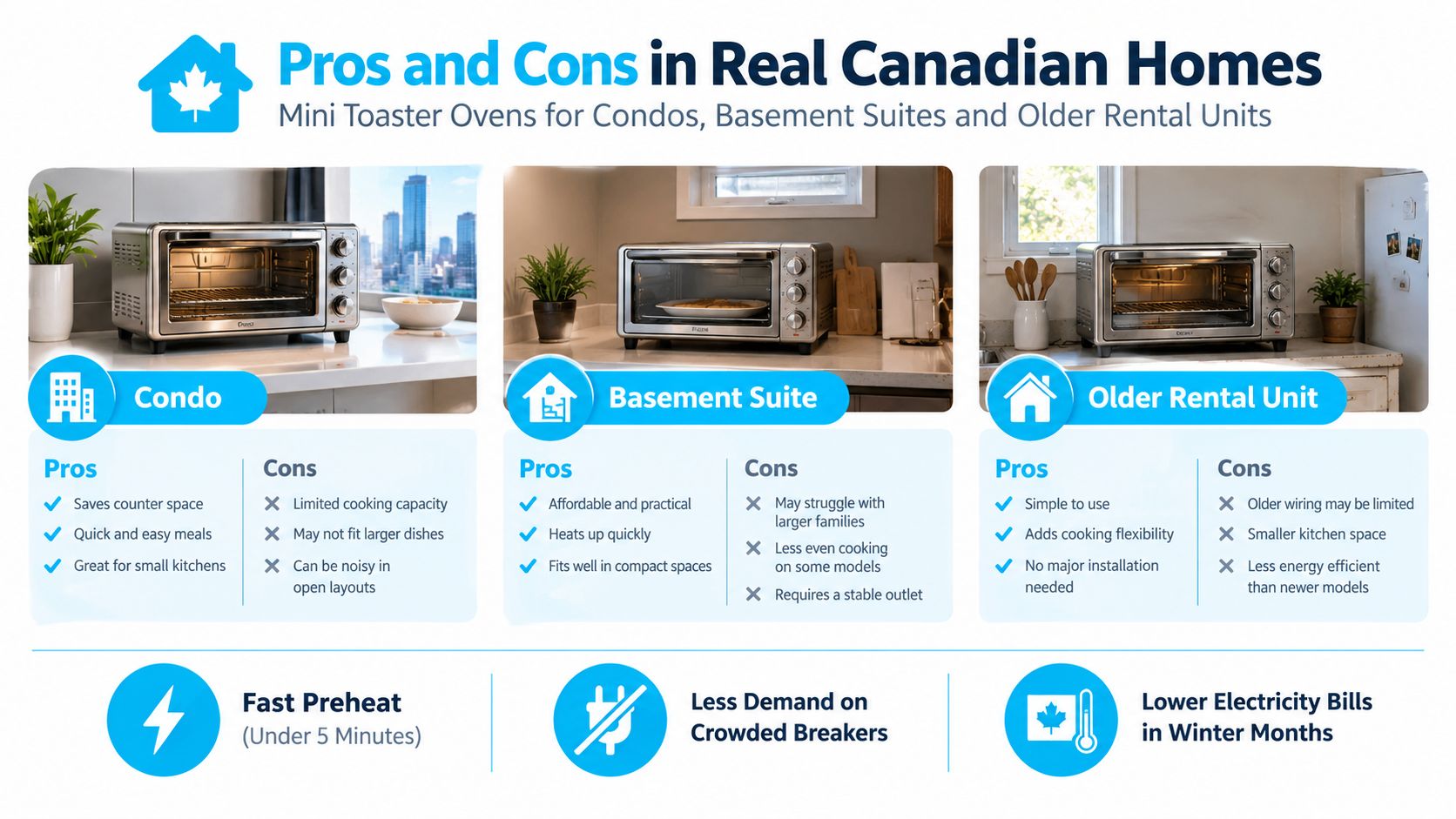 An infographic comparing the pros and cons of using mini toaster ovens in Canadian home environments.