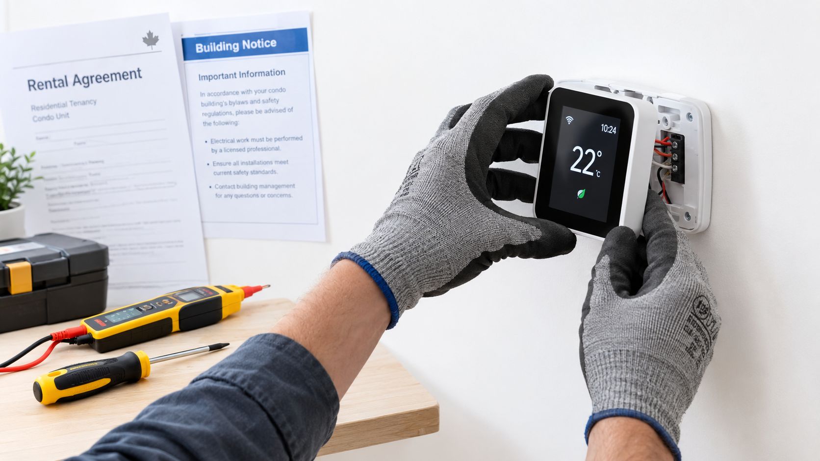 A technician wearing protective gloves installs a smart thermostat on a wall in a residential setting.