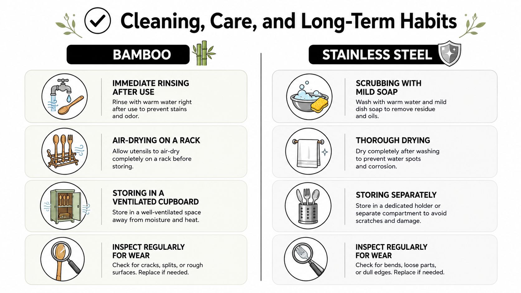An infographic comparing cleaning, maintenance, and storage habits for bamboo and stainless steel kitchen utensils.
