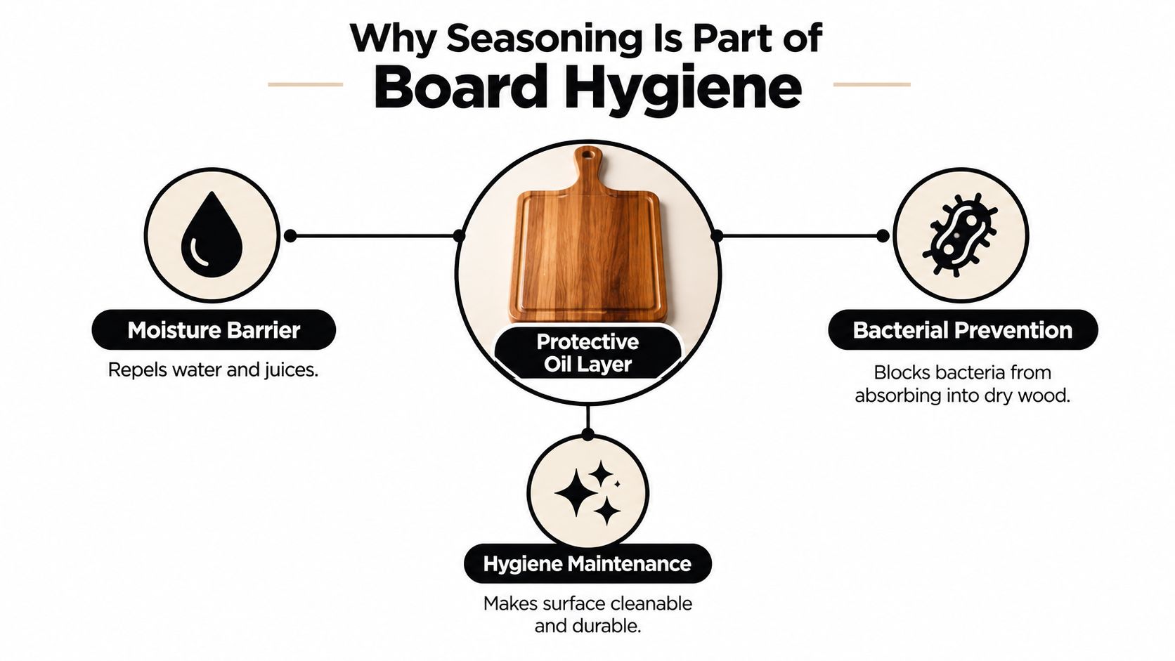 An infographic explaining why seasoning a wooden cutting board with a protective oil layer is essential for hygiene.