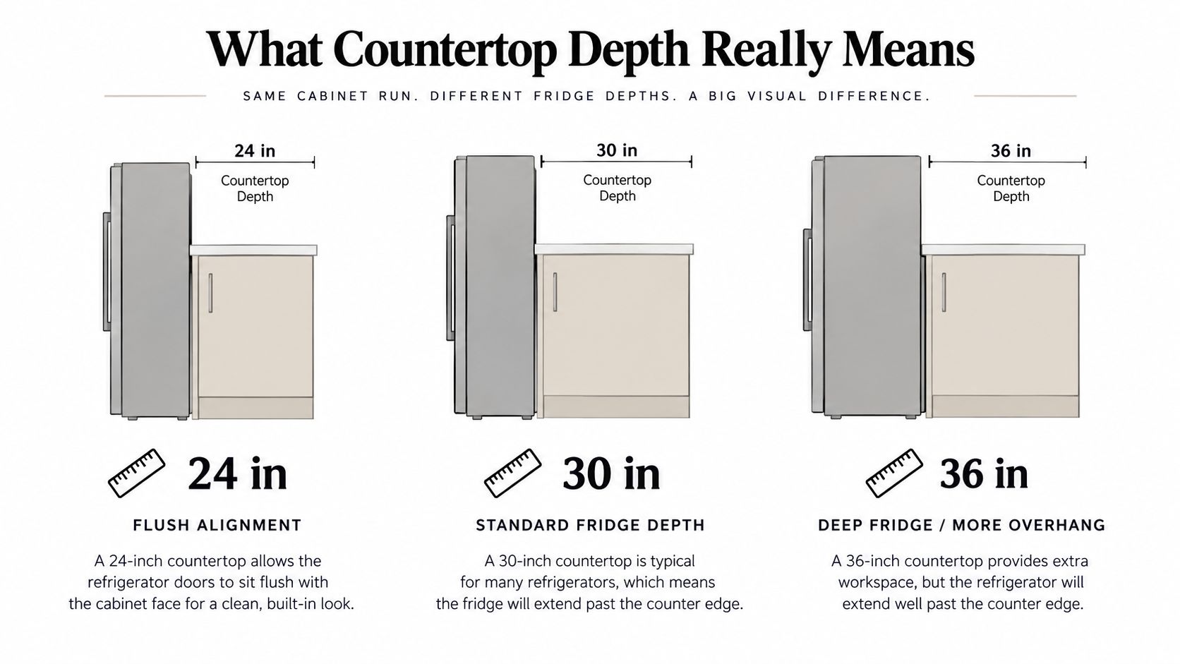 A diagram illustrating the visual difference in kitchen layouts with varying countertop depths and refrigerator alignments.
