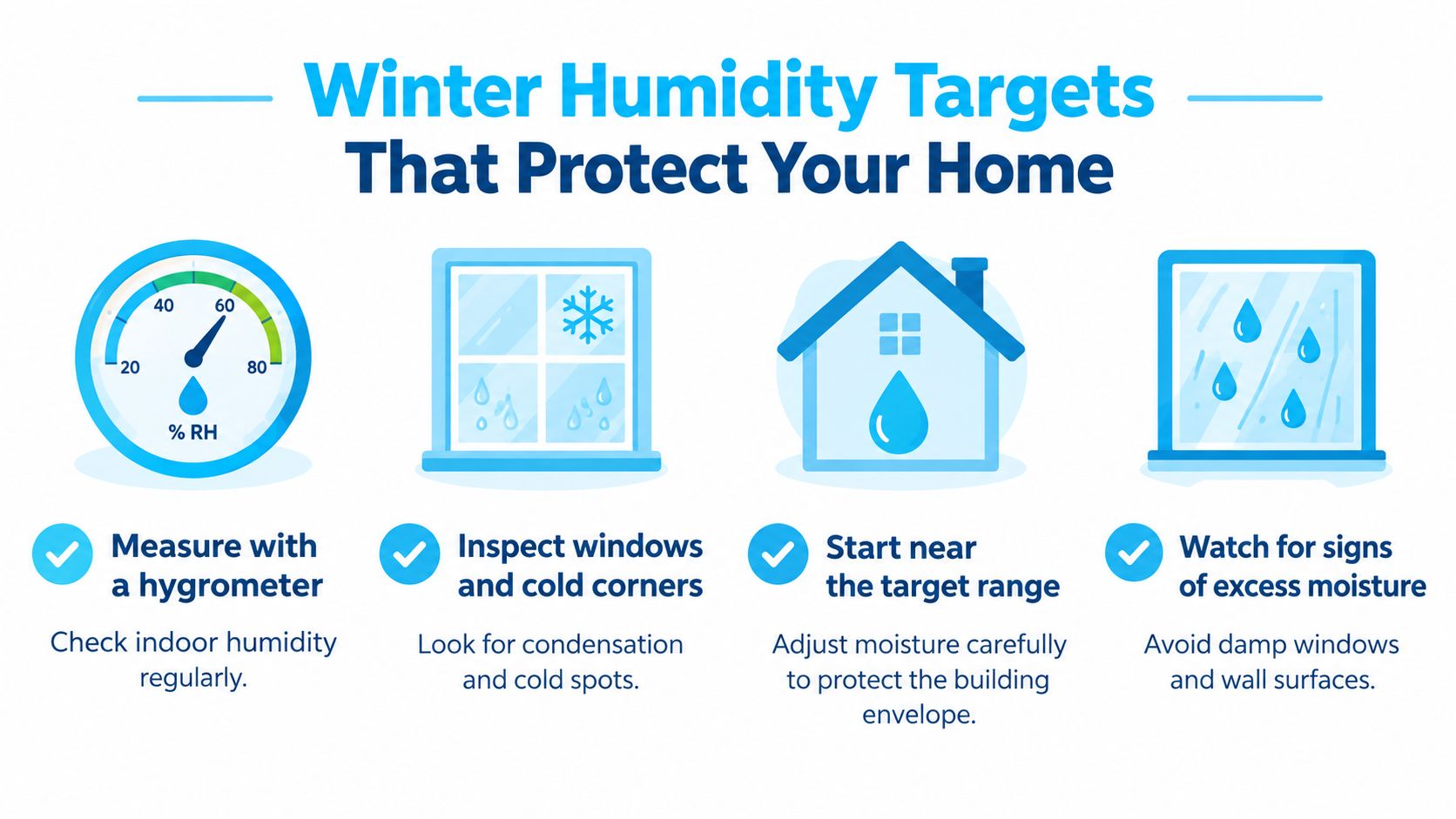 An infographic illustrating four key tips for maintaining healthy indoor winter humidity levels to protect your home.