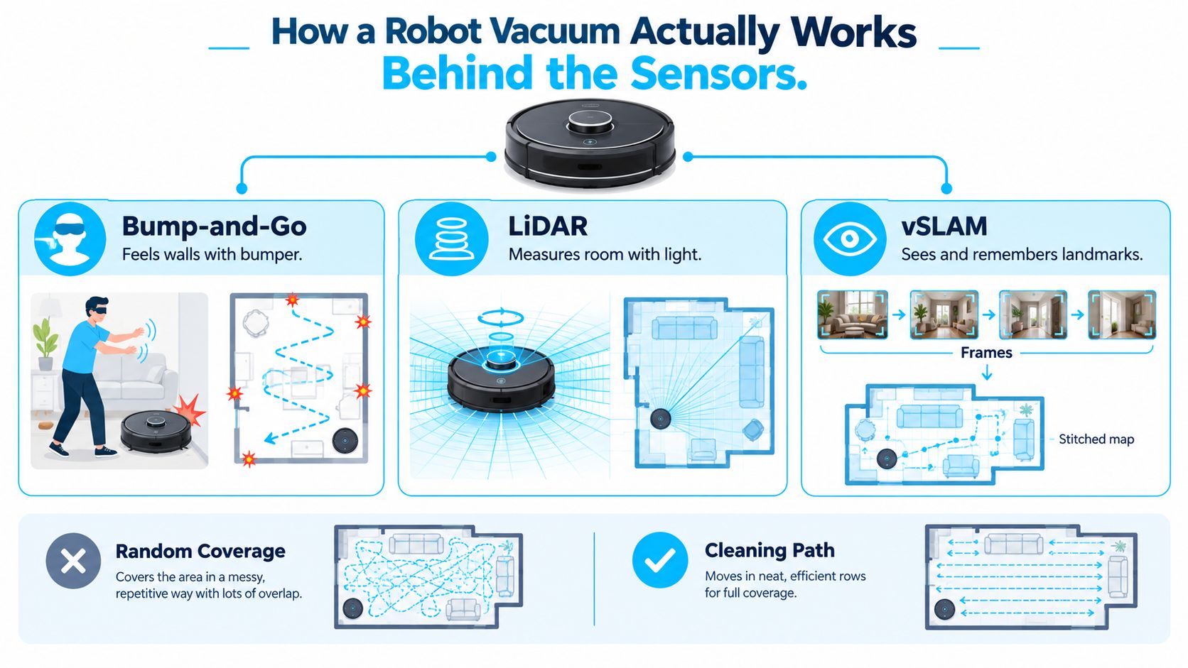 An infographic showing how robot vacuums use bump-and-go, LiDAR, and vSLAM technologies to map and clean homes.