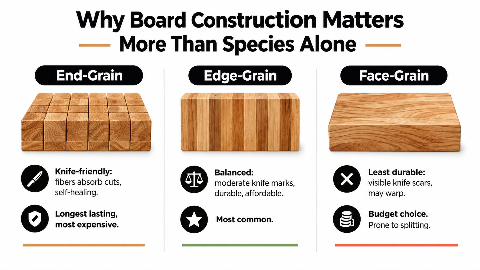 An educational infographic comparing end-grain, edge-grain, and face-grain wood constructions for cutting boards.