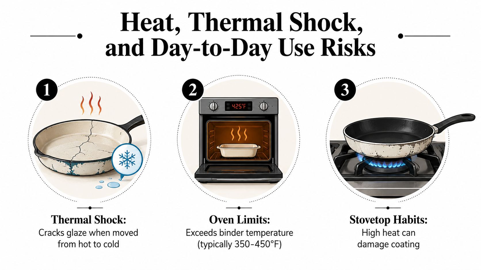 An infographic illustrating three common safety risks for ceramic cookware, including thermal shock, oven limits, and high-heat stovetop usage.