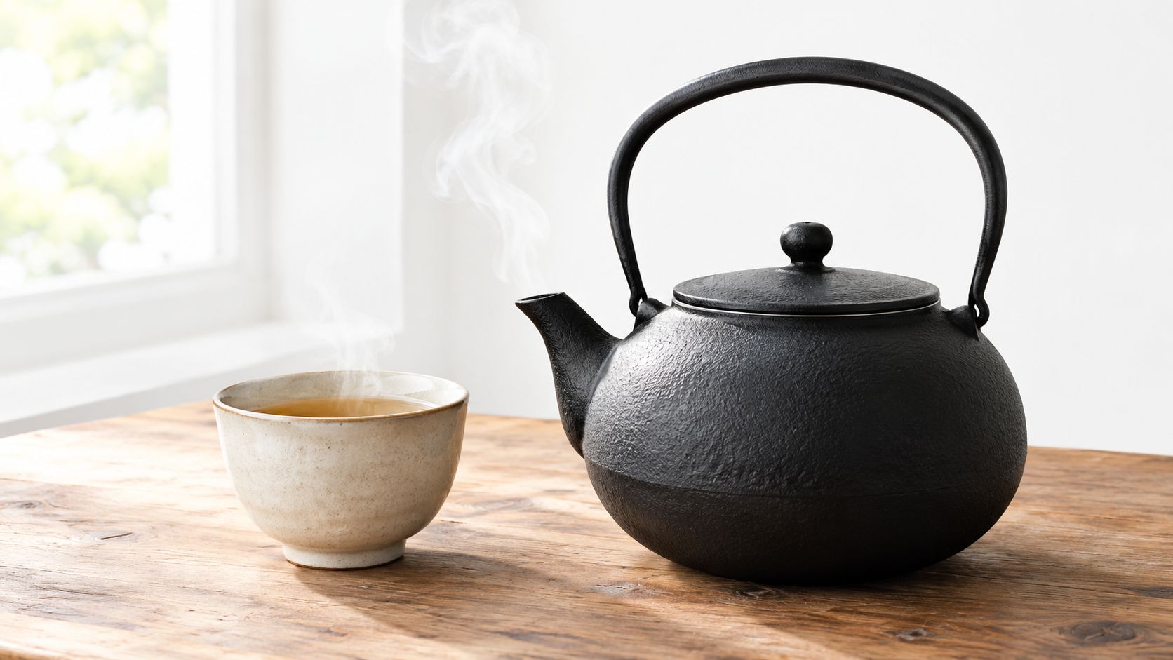 A steaming traditional Japanese cast iron teapot sits next to a warm cup of tea on wood.