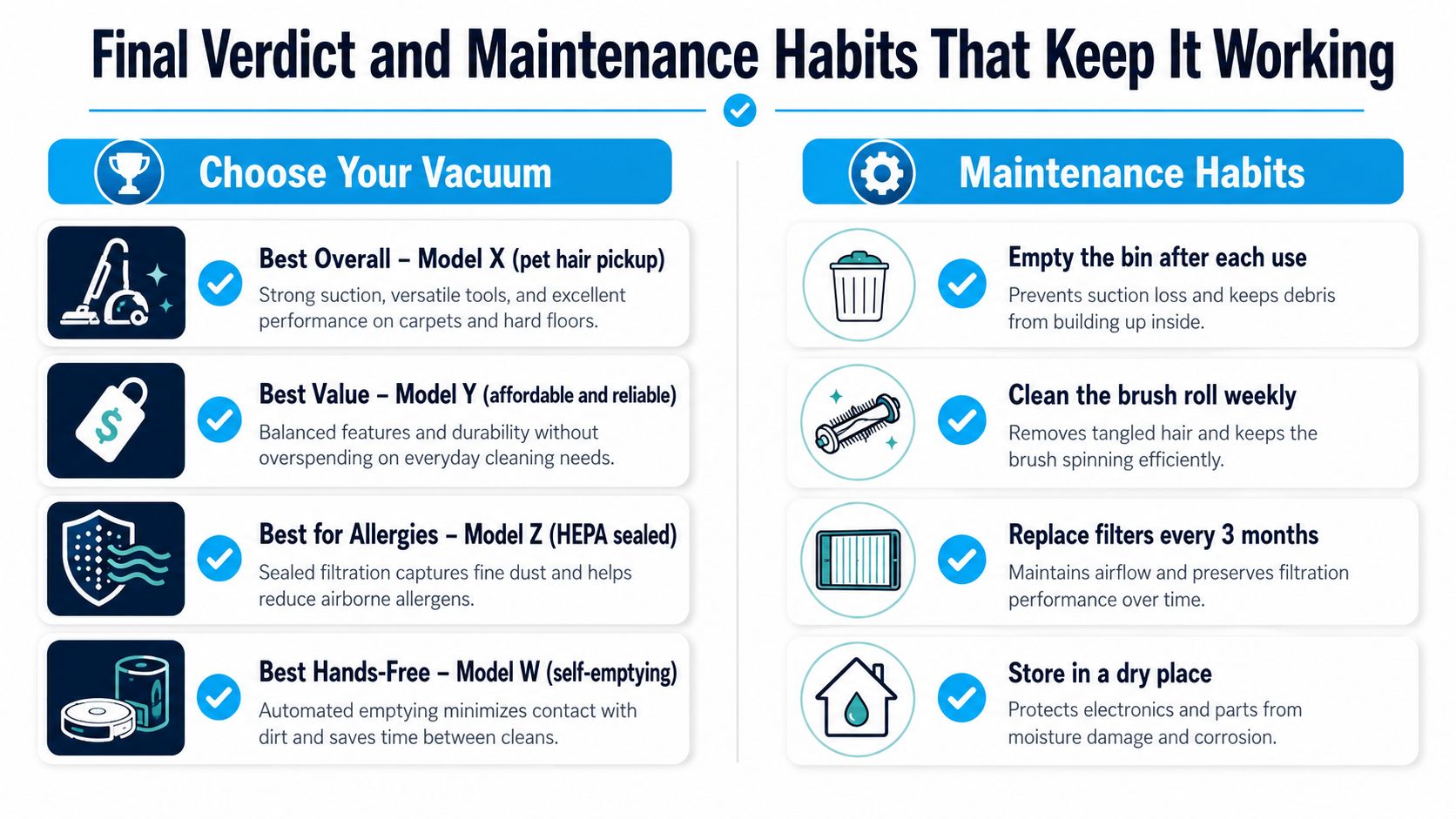 A comparison chart showing top vacuum cleaner models for pet hair and essential maintenance tips for longevity.