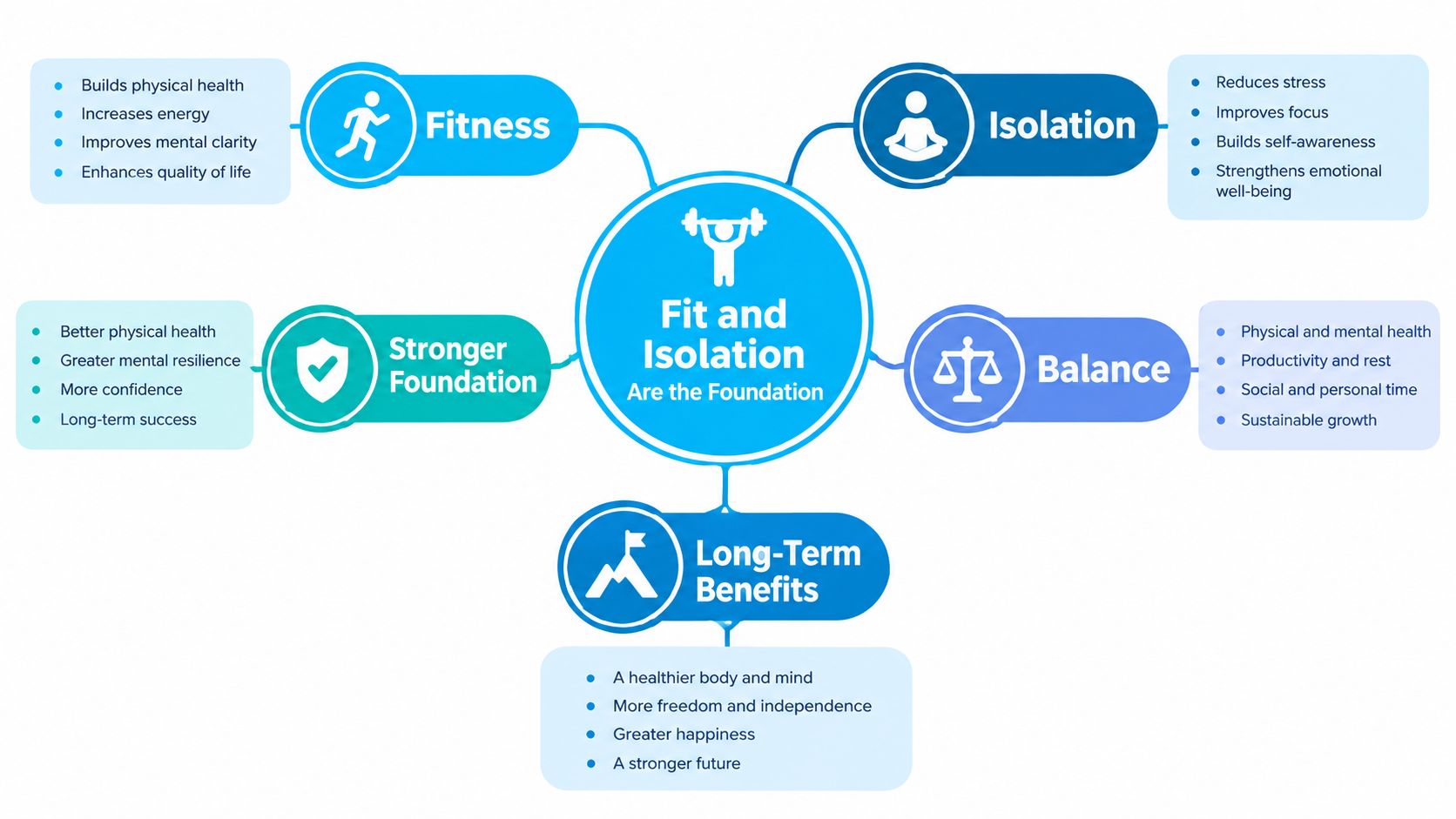 A mind map illustrating how fitness and isolation build a foundation for long-term health and personal balance.