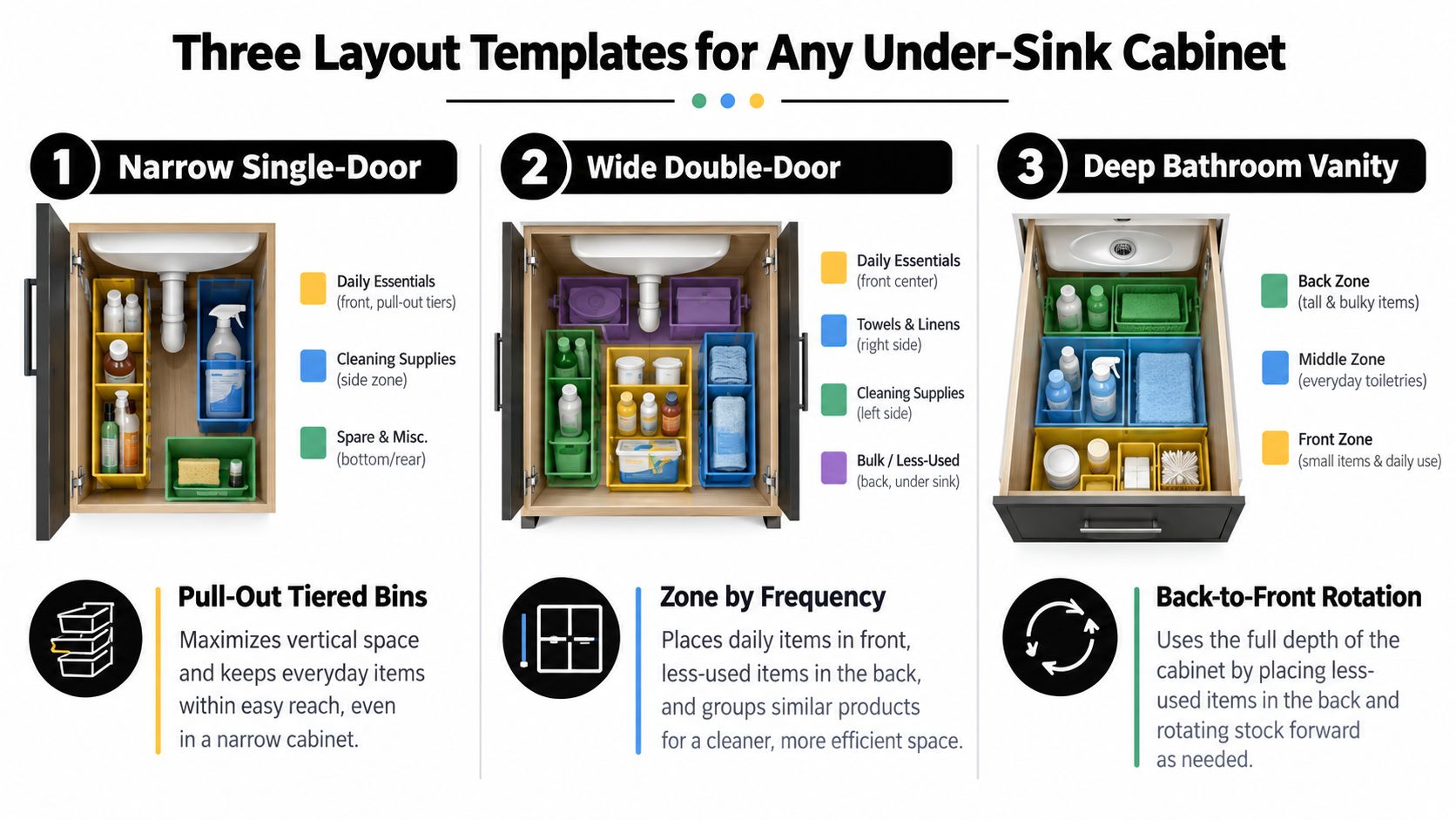 Three organized layout templates for optimizing storage space in different types of under-sink cabinets.