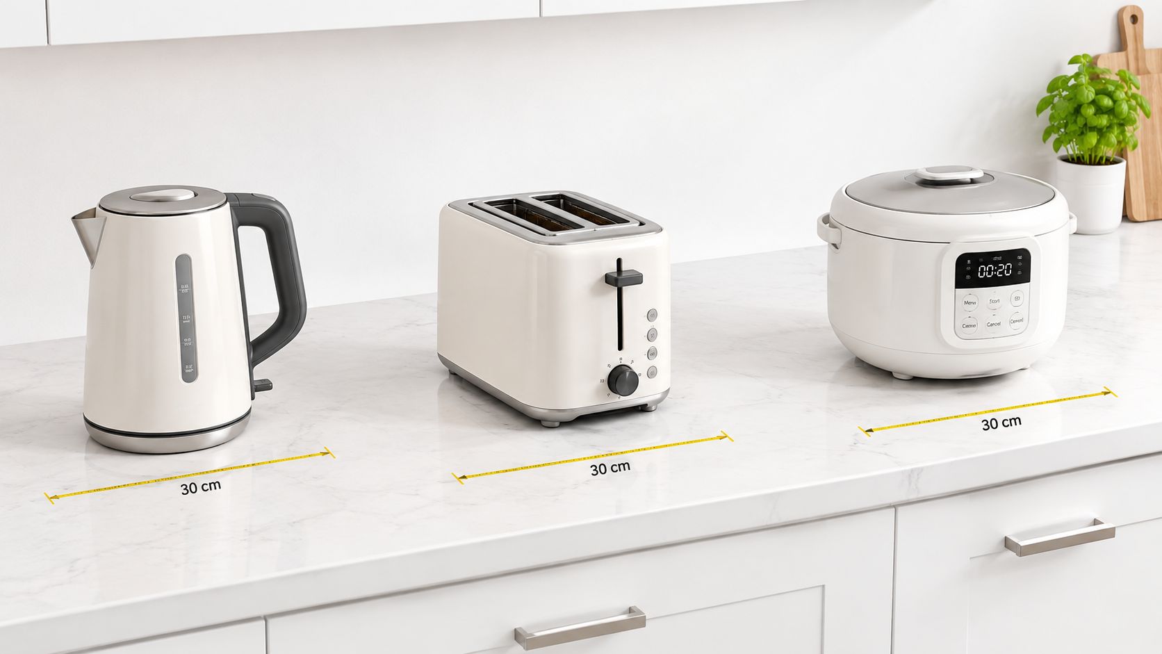 A modern kitchen countertop featuring a white electric kettle, toaster, and multi-cooker, each spaced thirty centimeters apart.
