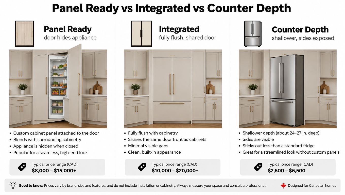 A comparison chart showing the differences between panel ready, integrated, and counter depth refrigerators for kitchen design.
