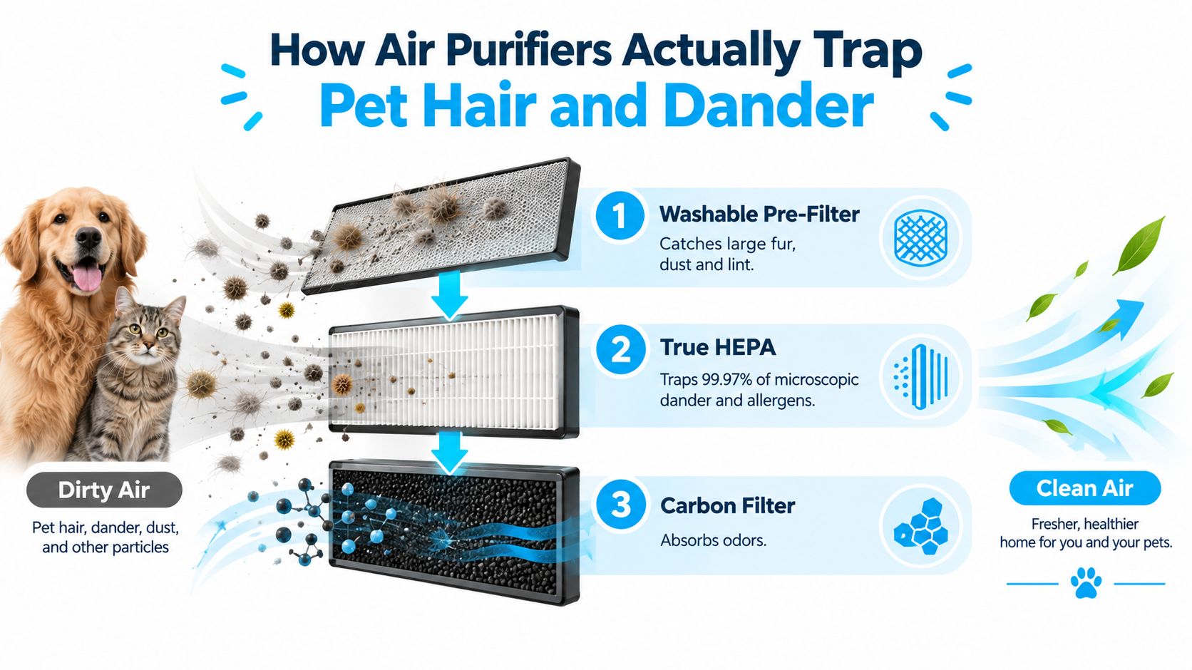 A diagram illustrating the three-stage filtration process of an air purifier for pet hair and dander.