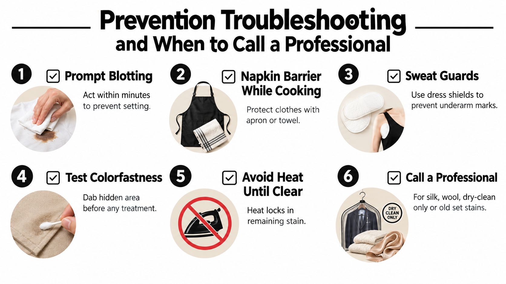 An infographic titled Prevention Troubleshooting showing six numbered steps to prevent and manage clothing stains effectively.