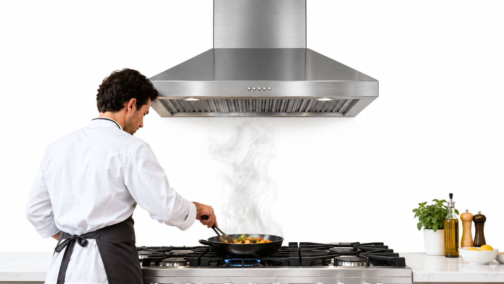 A professional chef cooking a stir-fry dish on a gas stove under a stainless steel vent hood.