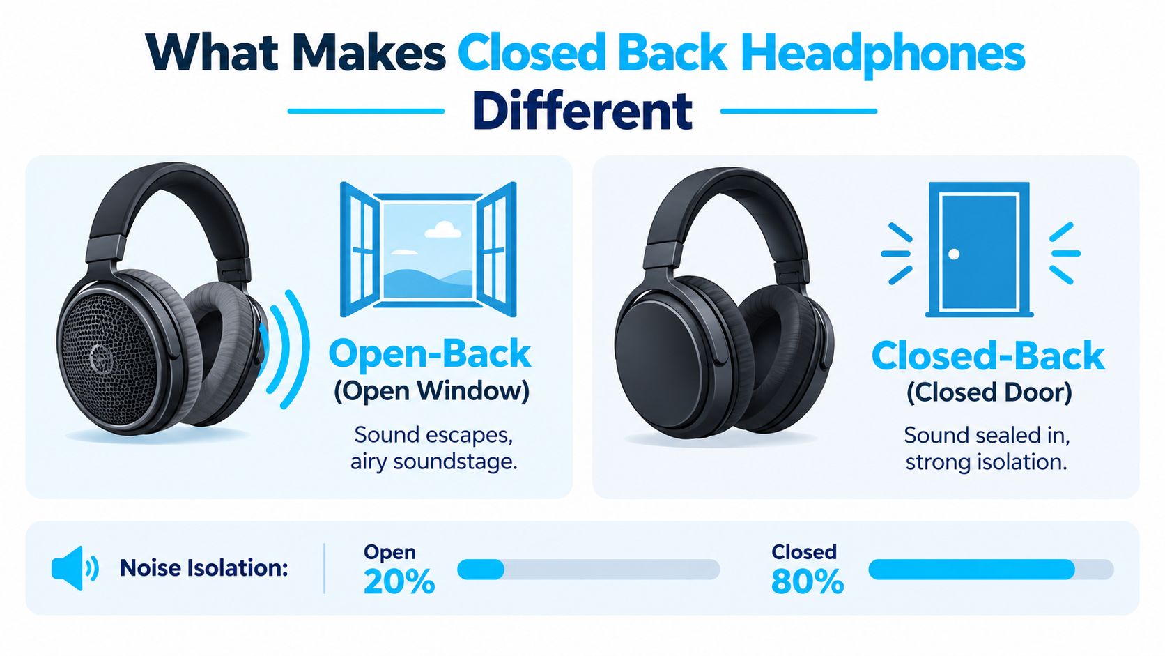 A diagram comparing open-back and closed-back headphones, illustrating sound leakage, isolation, and their respective design differences.