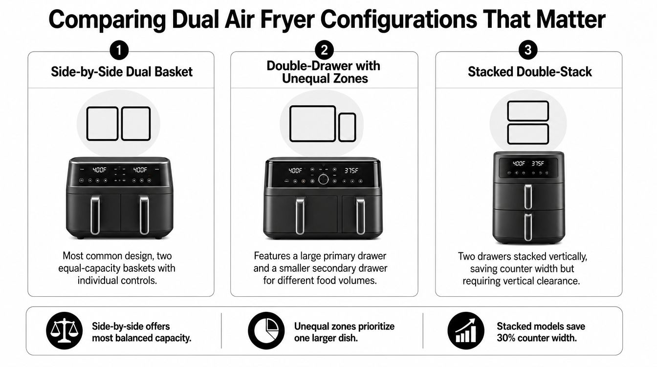 A comparison chart highlighting the three common configurations of dual air fryers and their unique benefits.