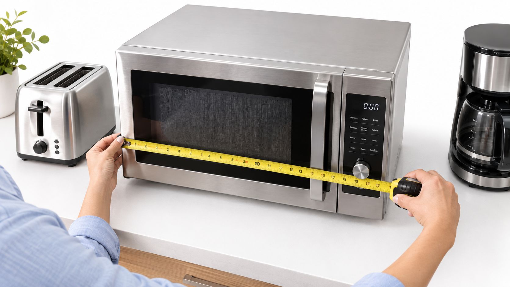 A person using a yellow tape measure to check the width of a stainless steel kitchen microwave.