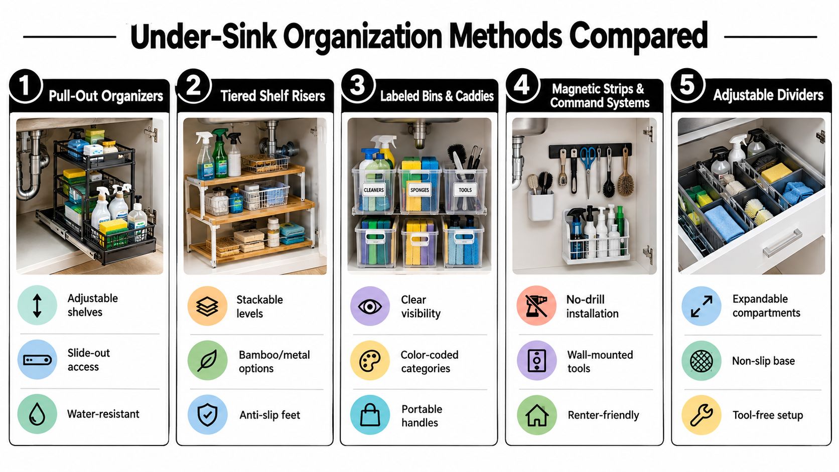 A comparison infographic showing five different organization methods for under-sink cabinets including pull-out units and bins.