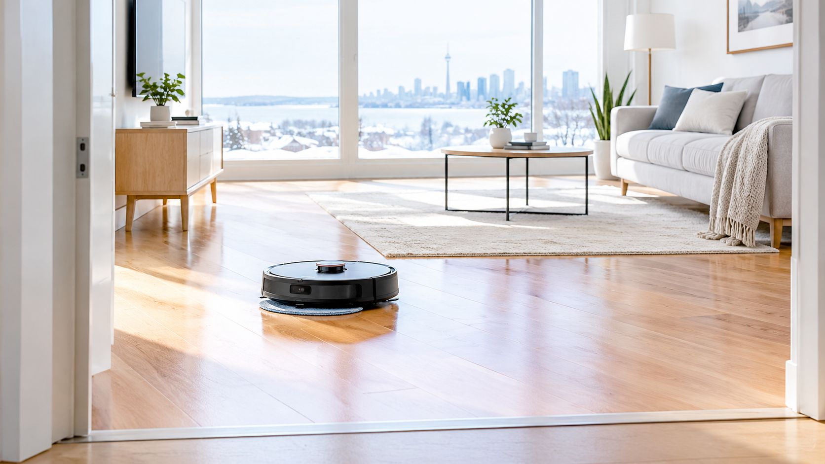 A black robotic vacuum cleaner operates on a hardwood floor in a modern, sunlit living room.