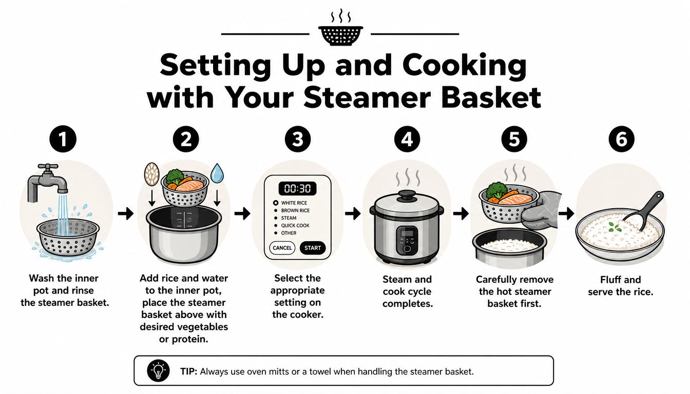 A six-step instructional infographic showing how to use a rice cooker and steamer basket for cooking meals.
