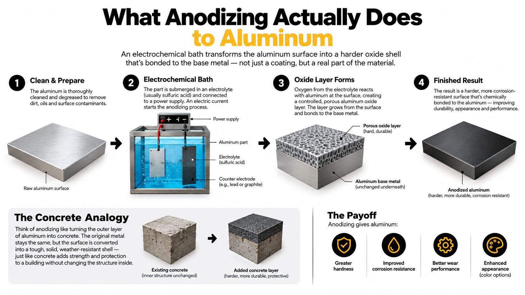 An infographic illustrating the four-step anodizing process for aluminum with a concrete analogy and benefits.