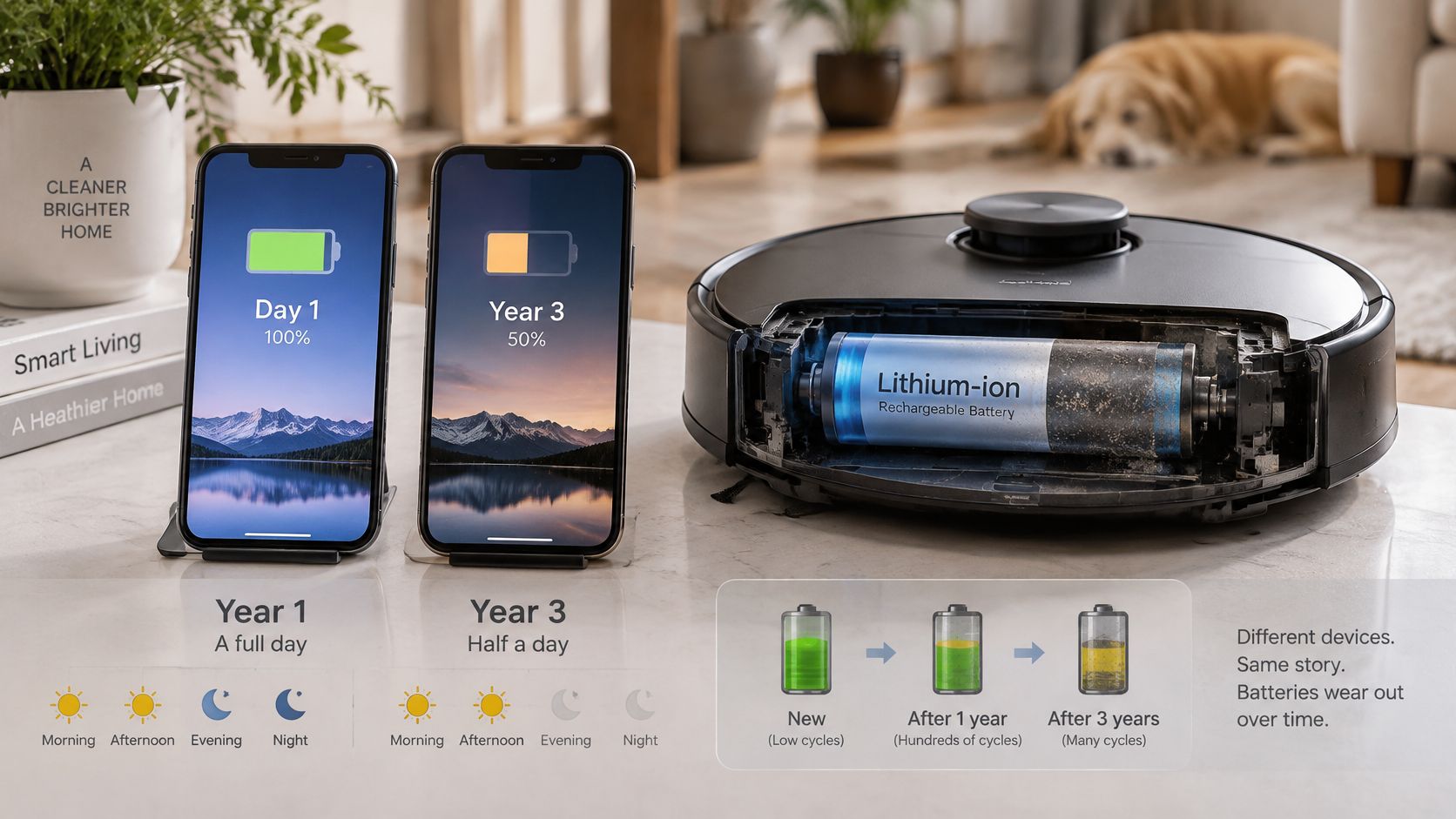 A comparison showing how rechargeable lithium-ion batteries in robot vacuums and phones degrade over three years of use.