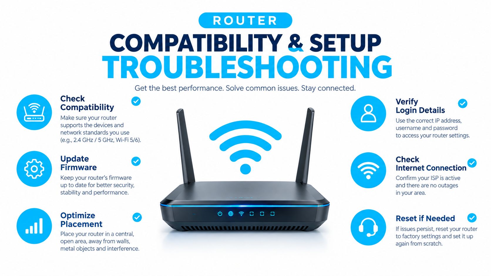 An infographic detailing essential router compatibility and setup troubleshooting tips for better home Wi-Fi network performance.