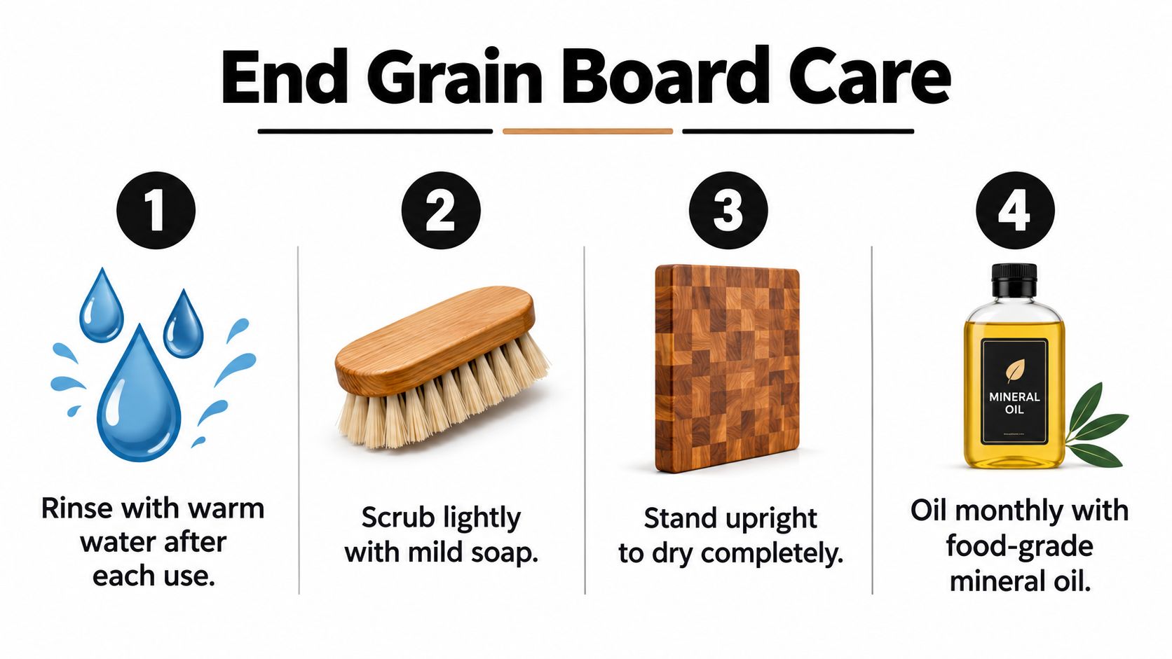 A four-step instructional infographic guide on how to properly clean and maintain an end grain cutting board.