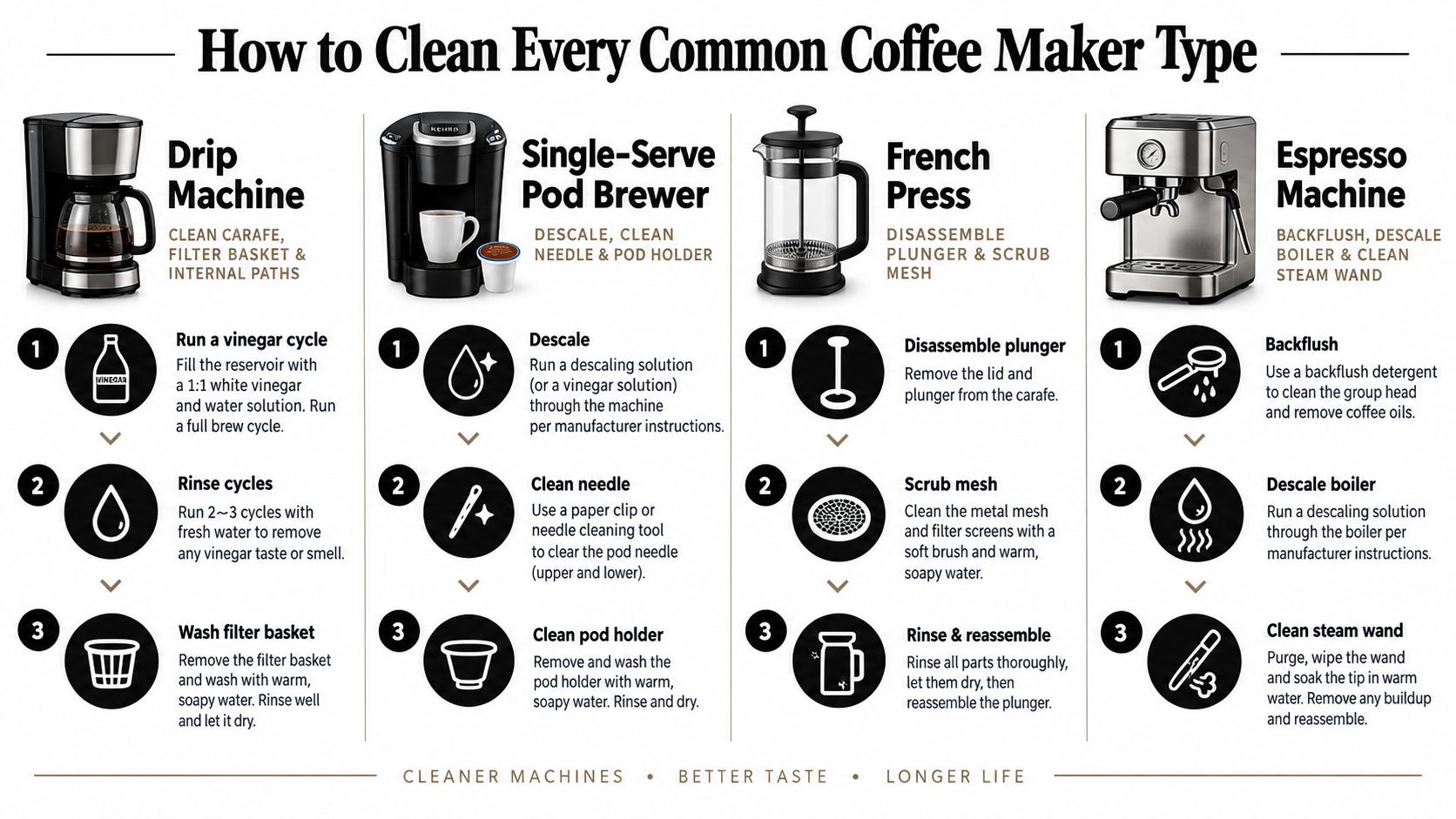 An infographic showing step-by-step instructions for cleaning drip machines, pod brewers, French presses, and espresso machines.