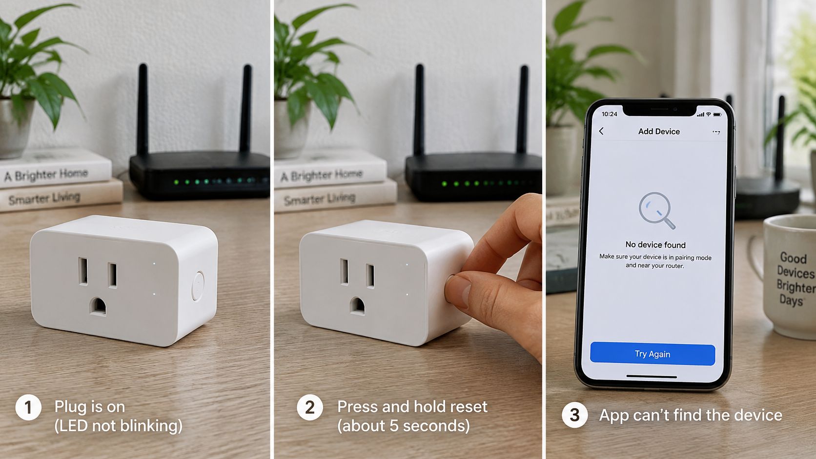 A three-step guide showing how to troubleshoot a WiFi smart plug connection issue using a mobile app.