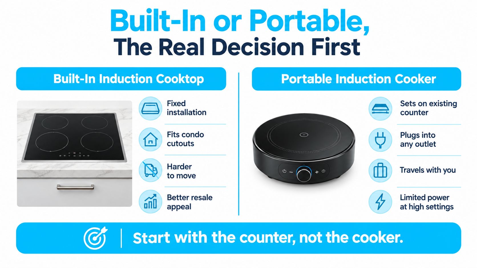 A comparison chart showing features of built-in induction cooktops versus portable induction cookers for kitchen planning.