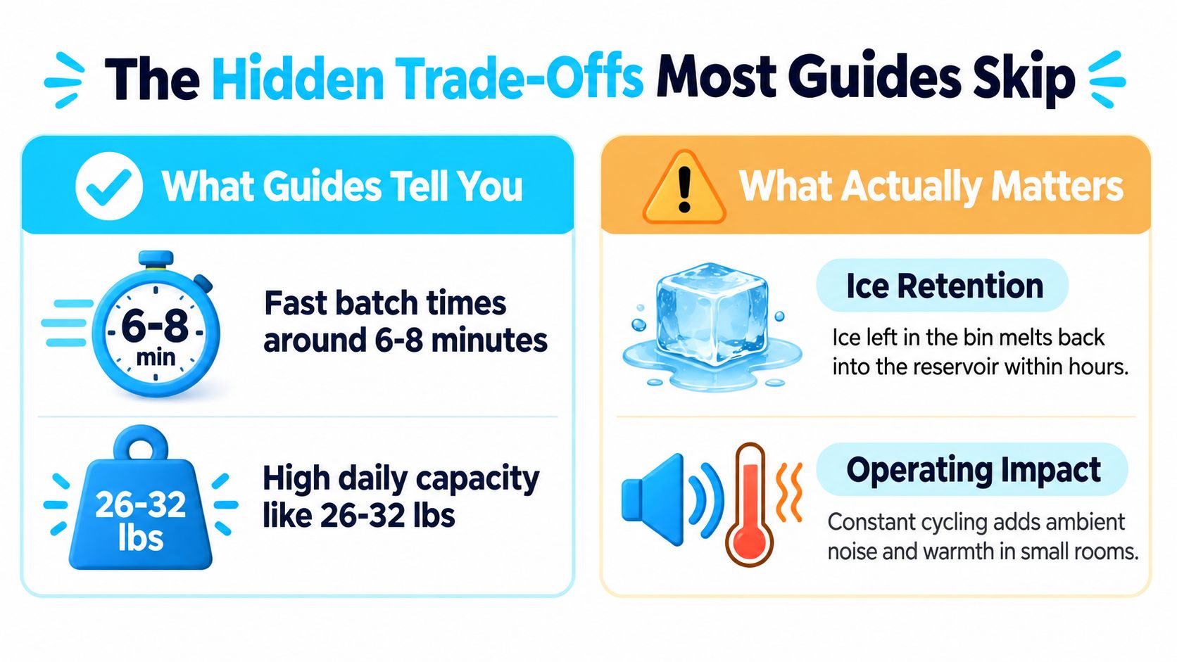 A comparison chart showing misleading ice maker marketing claims versus the real-world operational impacts of machines.