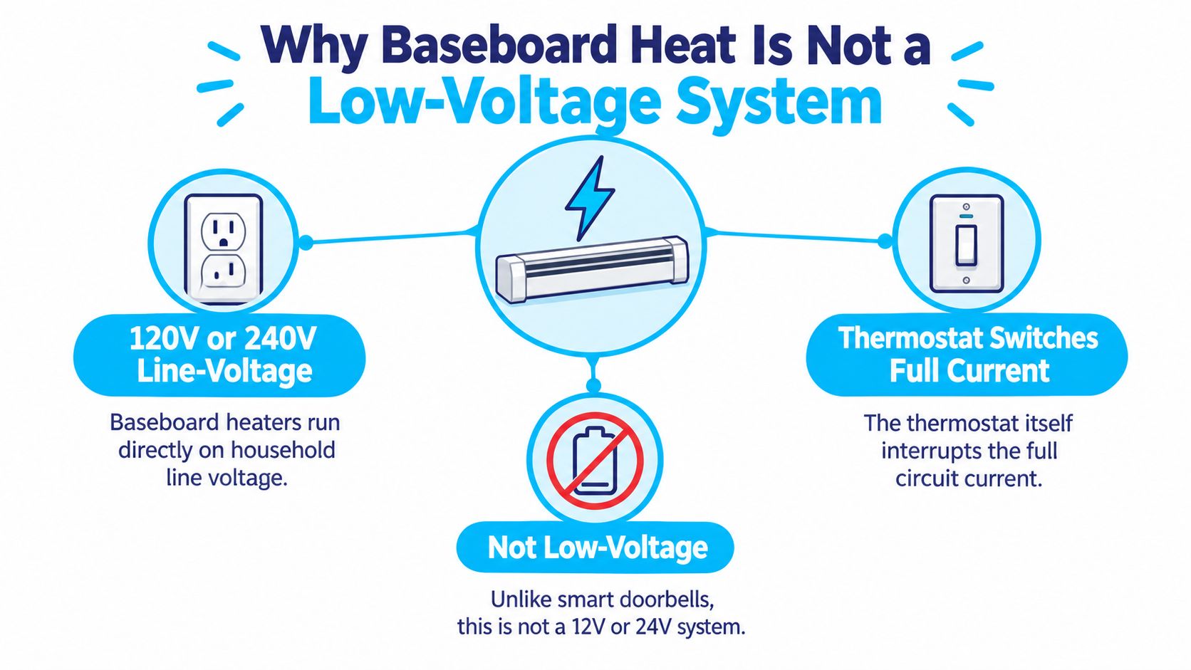 An infographic explaining why baseboard heaters are line-voltage systems instead of low-voltage, highlighting voltage and current requirements.