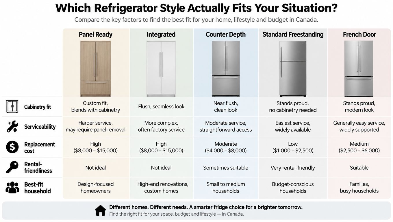 A comparison chart of five different refrigerator styles with their cabinetry fit, serviceability, cost, and suitability.