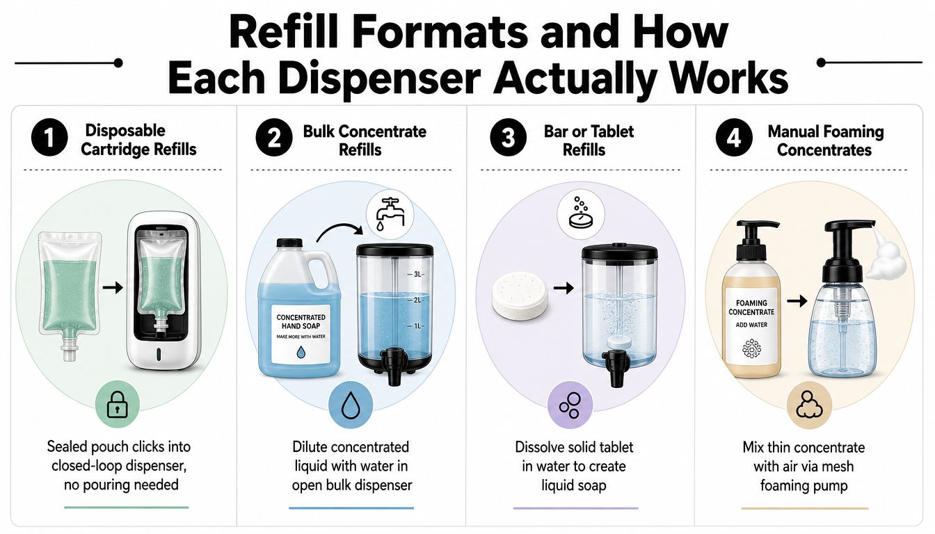 An infographic illustrating four different types of soap dispenser refill formats and their operating mechanisms.