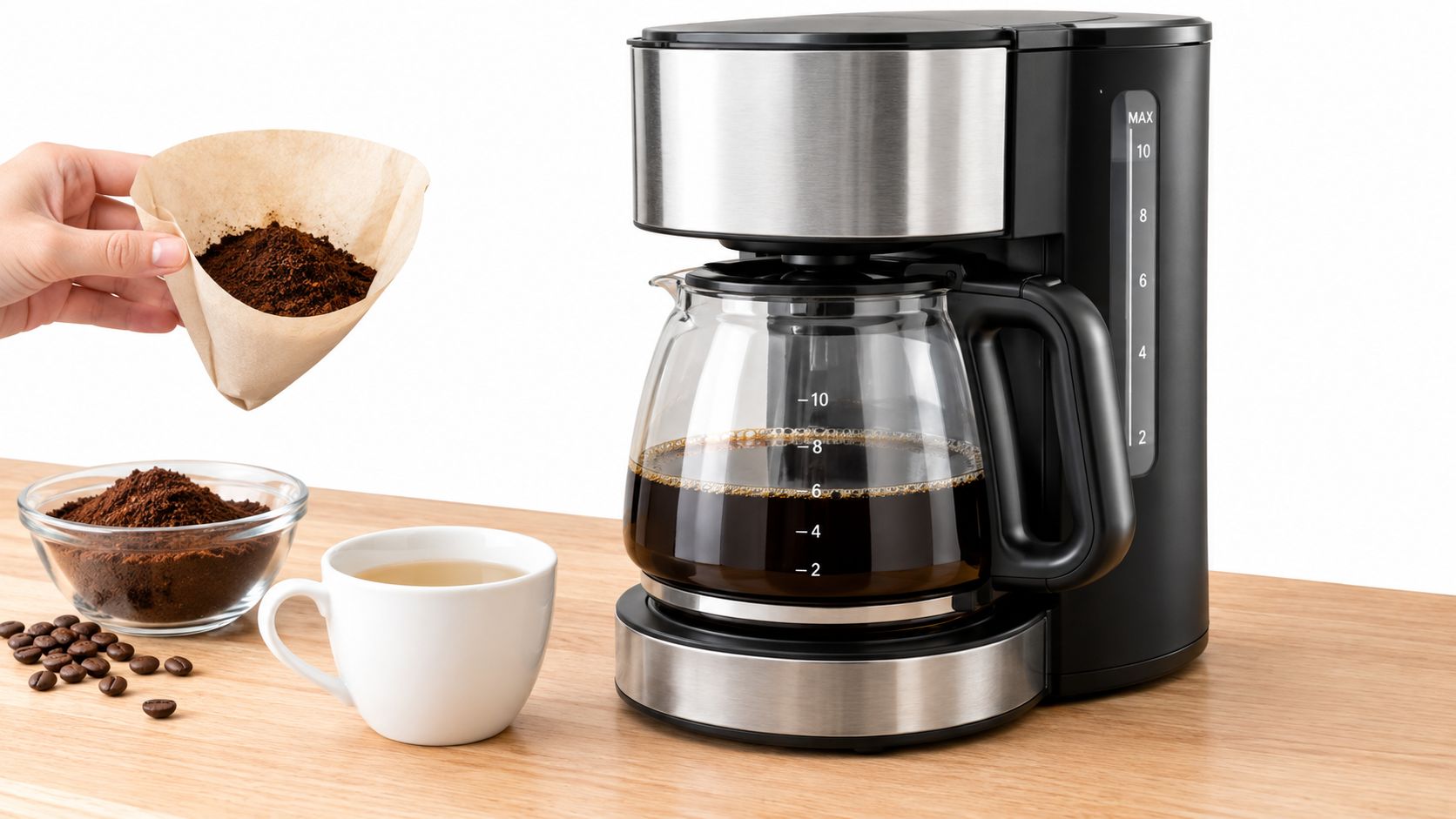 A black and stainless steel coffee maker on a wooden table with fresh grounds and coffee.