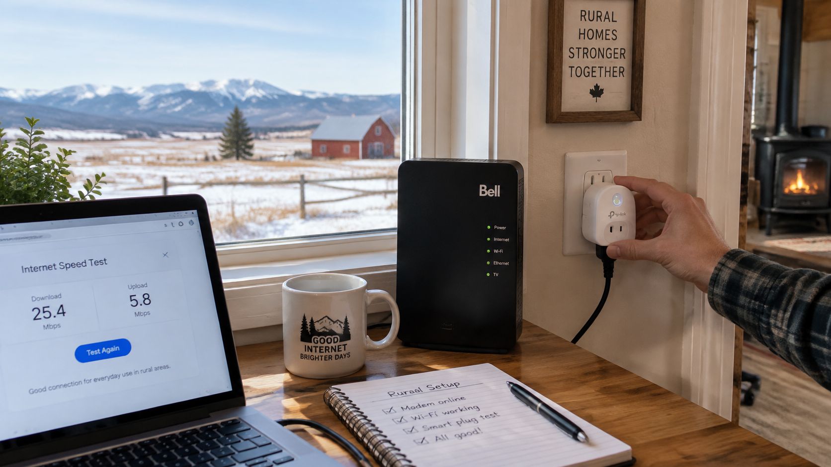 A person setting up a smart plug near a Bell modem and laptop by a scenic window.