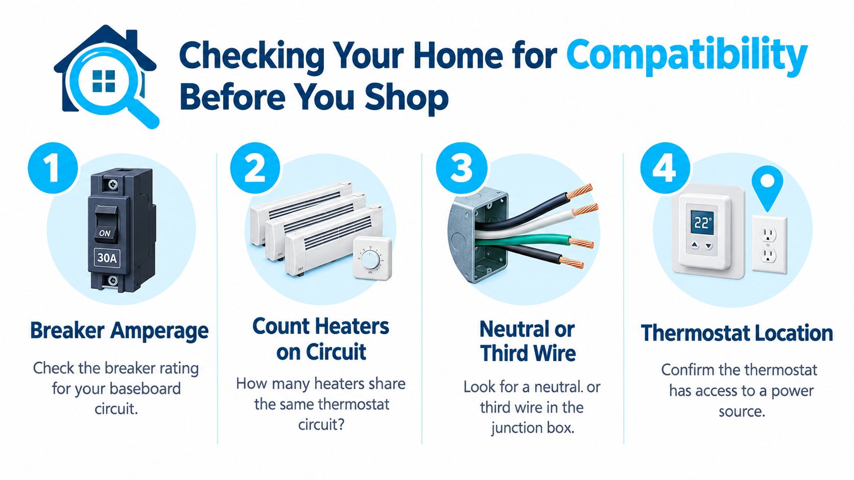 An infographic showing four steps for checking electrical compatibility before installing a smart baseboard thermostat.