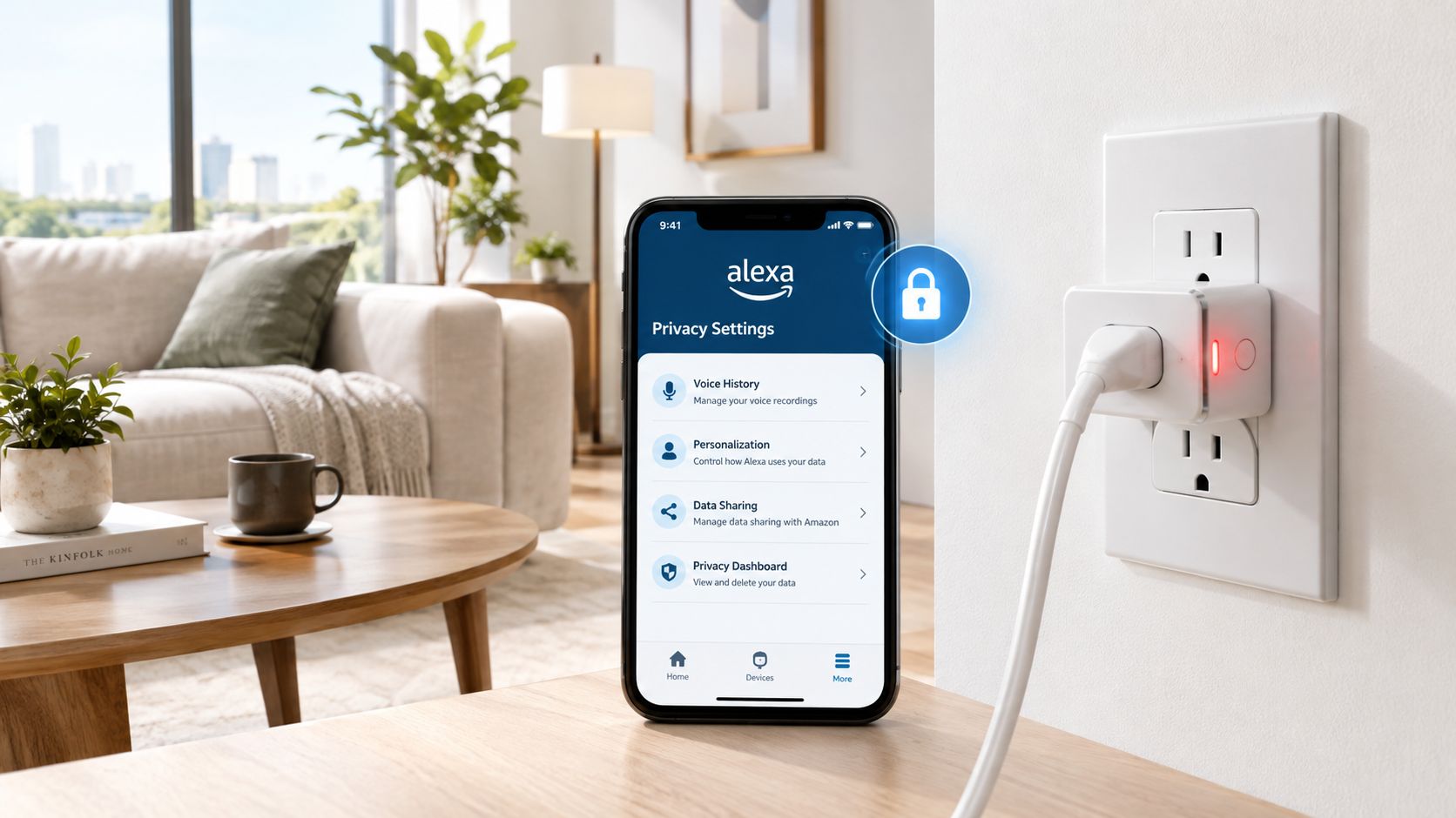 A smartphone displaying Alexa privacy settings next to a smart plug connected to a wall outlet.