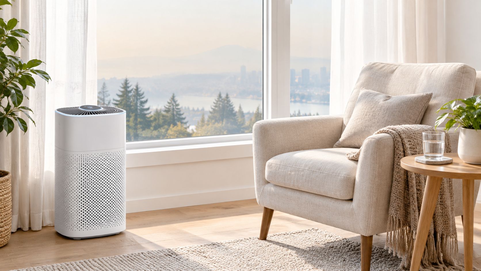 A modern white air purifier standing on a wooden floor in a cozy, sunlit living room.